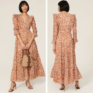 Maje Ruflina Paisley Orange Maxi Dress Size 38